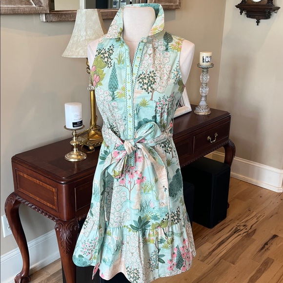 Spartina 449 Pastel Green Cotton Print Dress Ruffle Hem Tie Belt Sleeveless New - Picture 11 of 14